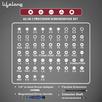 Lifelong 62 in 1 Magnetic Screwdriver Set, Tool Kit for Home Use Multipurpose - Furniture & Electronic Repair | Extendable & Flexible Shaft for Hard-to-Reach Places | Laptops, Phones etc. (LLETK09)