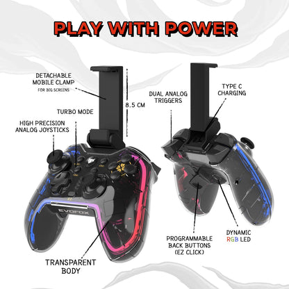 EvoFox One Universal Bluetooth Gamepad For PC, iOS, iPadOS, Android and PS4, Dynamic Rgb Lights, Transparent Design, Programable Buttons, Turbo Mode with The Dojo App, Detachable Mobile Clamp, and More