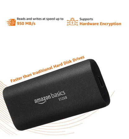 amazon basics 512 GB Portable SSD | Type C Compatible NVMe Drive | Upto 950 MB/s | PC, Mac and Smartphone Compatible