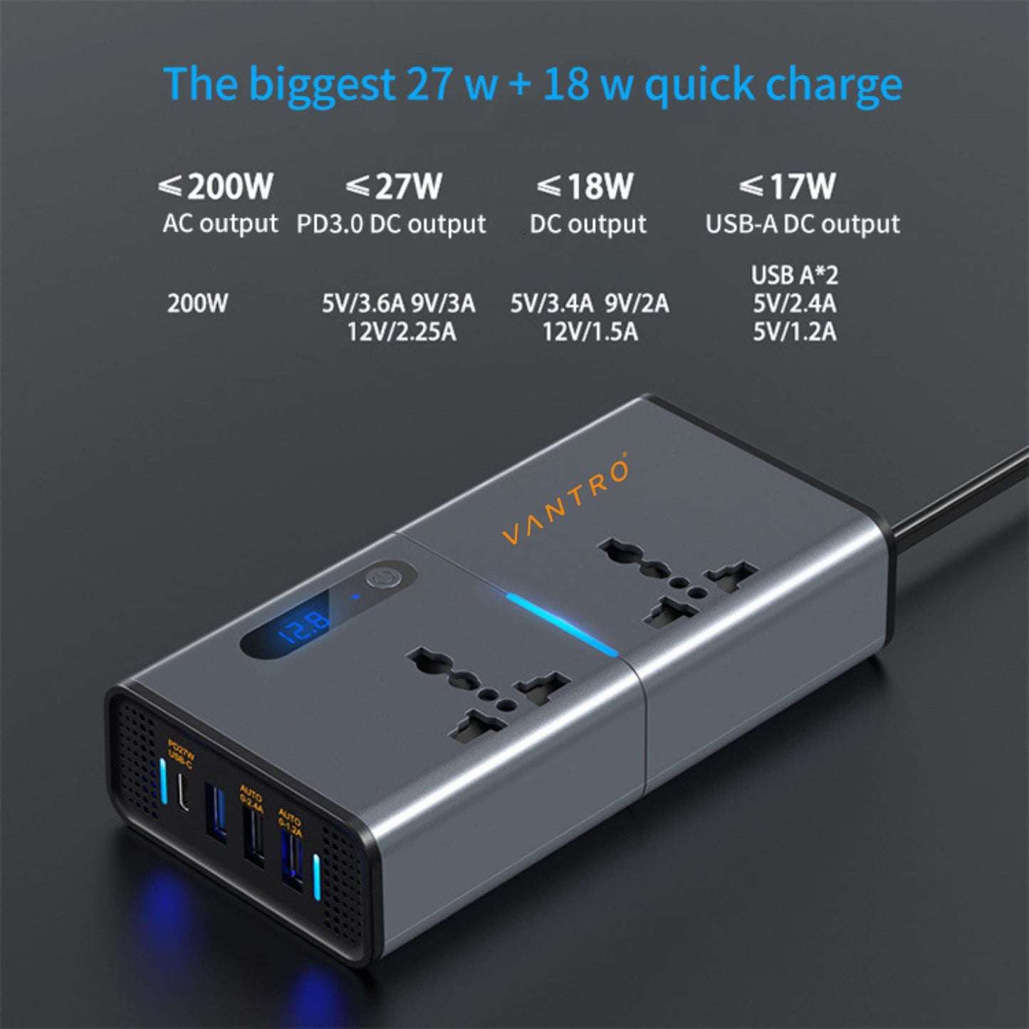 Vantro 200W Car Power Inverter/Laptop Charger with 3 USB (6.2A Max) & 1 C Type(1*27WPD) Smart USB Ports, 2 AC Universal Outlets and 12V DC to 220V AC with QC3.0 Model P2