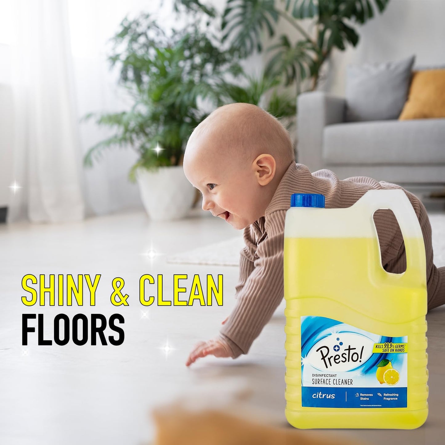 Amazon Brand - Presto! Disinfectant Surface/Floor Cleaner - 5 L (Citrus)|Kills 99.9% Germs