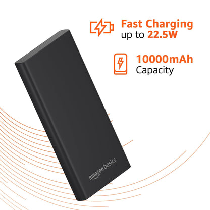 Amazon Basics 10000mAh 22.5W Fast Charging Power Bank with Cable | Triple Output Ports |Dual Input Ports | Lithium Polymer Power Bank | Compact Metal Body (Black)