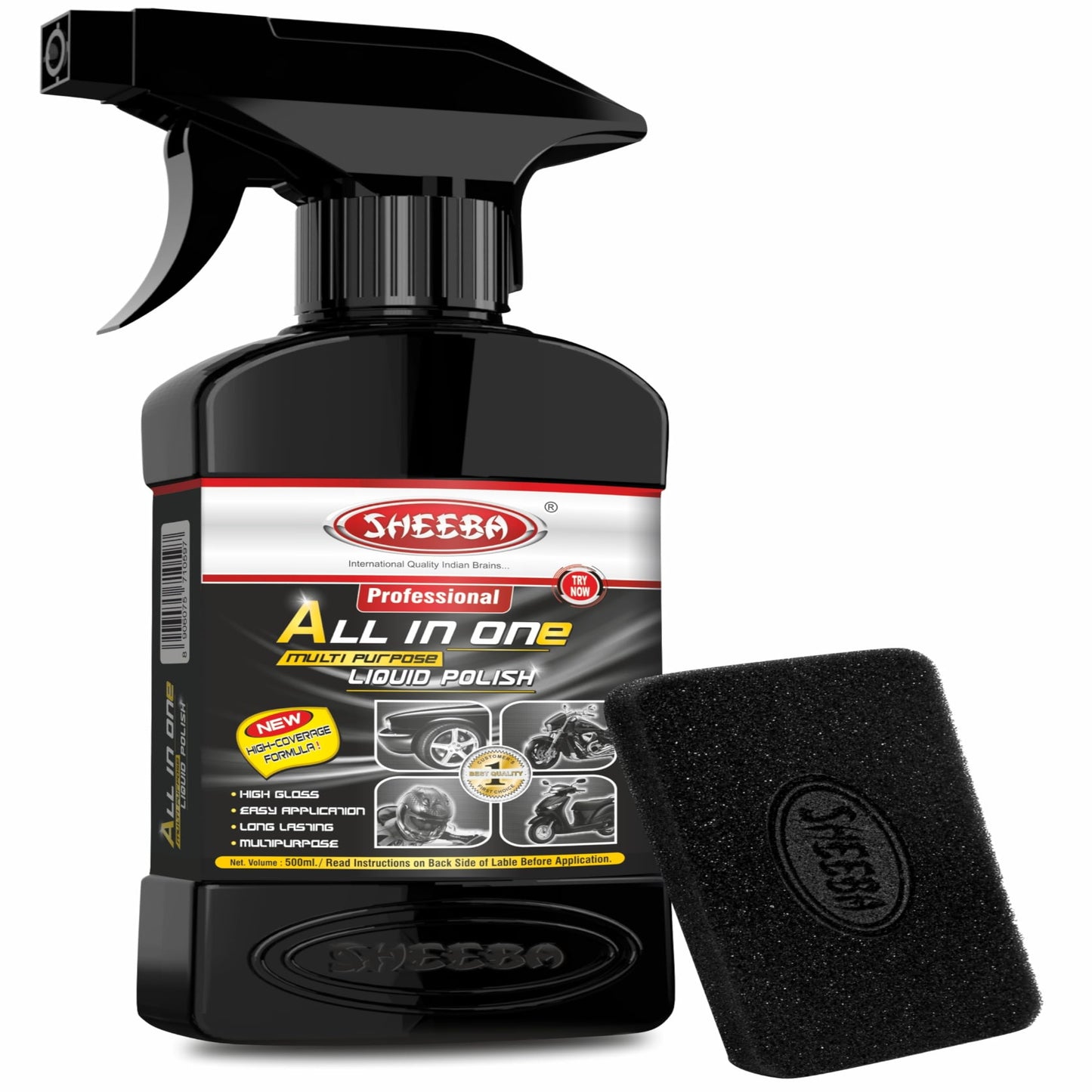 SHEEBA All in One Multipurpose Liquid Polish for Car, Motorbike, Scooter, Household, Office Care | High Gloss | Easy Application | For Interior & Exterior Surfaces -500mL with Applicator Pad.