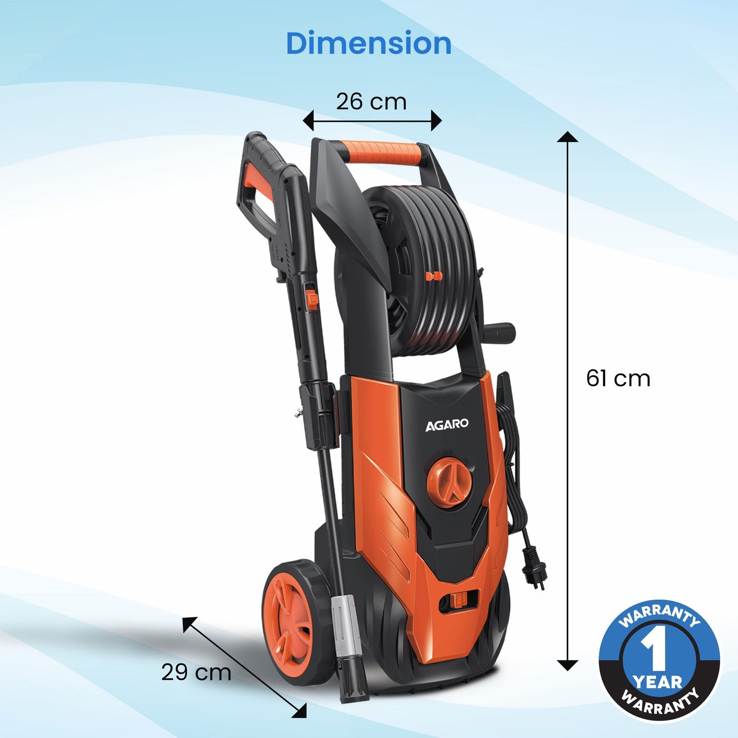 AGARO Royal High Pressure washer, 1800 Watts Motor, 140 Bars, 7L/Min Flow Rate, 5 Meters Outlet Hose, Upright Design With Wheel, For Car, Bike and Home Cleaning Purpose, Turbo Nozzle, Black and Orange