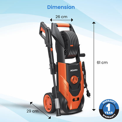 AGARO Royal High Pressure washer, 1800 Watts Motor, 140 Bars, 7L/Min Flow Rate, 5 Meters Outlet Hose, Upright Design With Wheel, For Car, Bike and Home Cleaning Purpose, Turbo Nozzle, Black and Orange