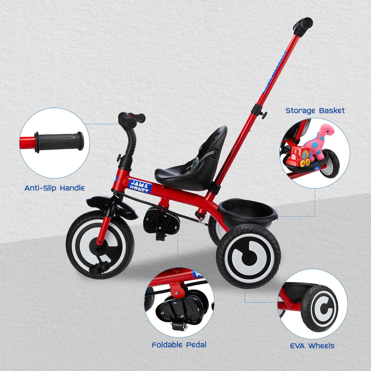 Amazon Brand - Jam & Honey Tricycle for Kids | Plug N Play | Parental Handle and Seatbelt (Red)