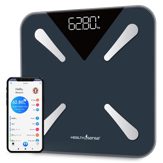 HealthSense Bluetooth BMI Weight Machine for Body Weight, Digital Body Fat Analyzer & Smart Body Composition Scale with Mobile App, 14 Body Parameters, LED Display & 1 Year Warranty - BS191