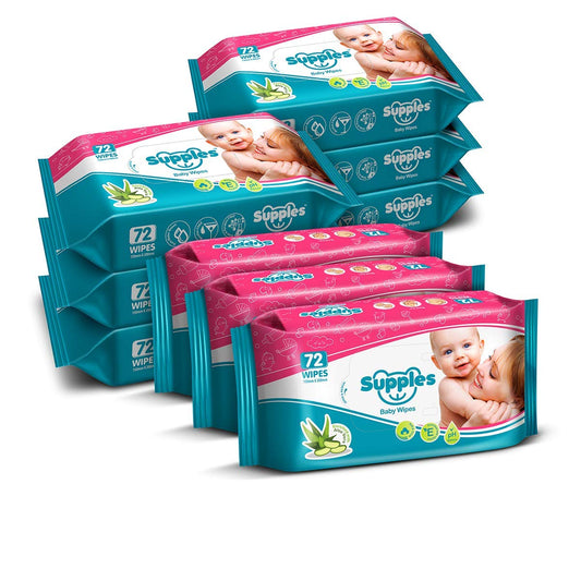 Amazon Brand - Supples Baby Wet Wipes With Aloe Vera And Vitamin E - 72 Wipes/Pack (Pack Of 9)