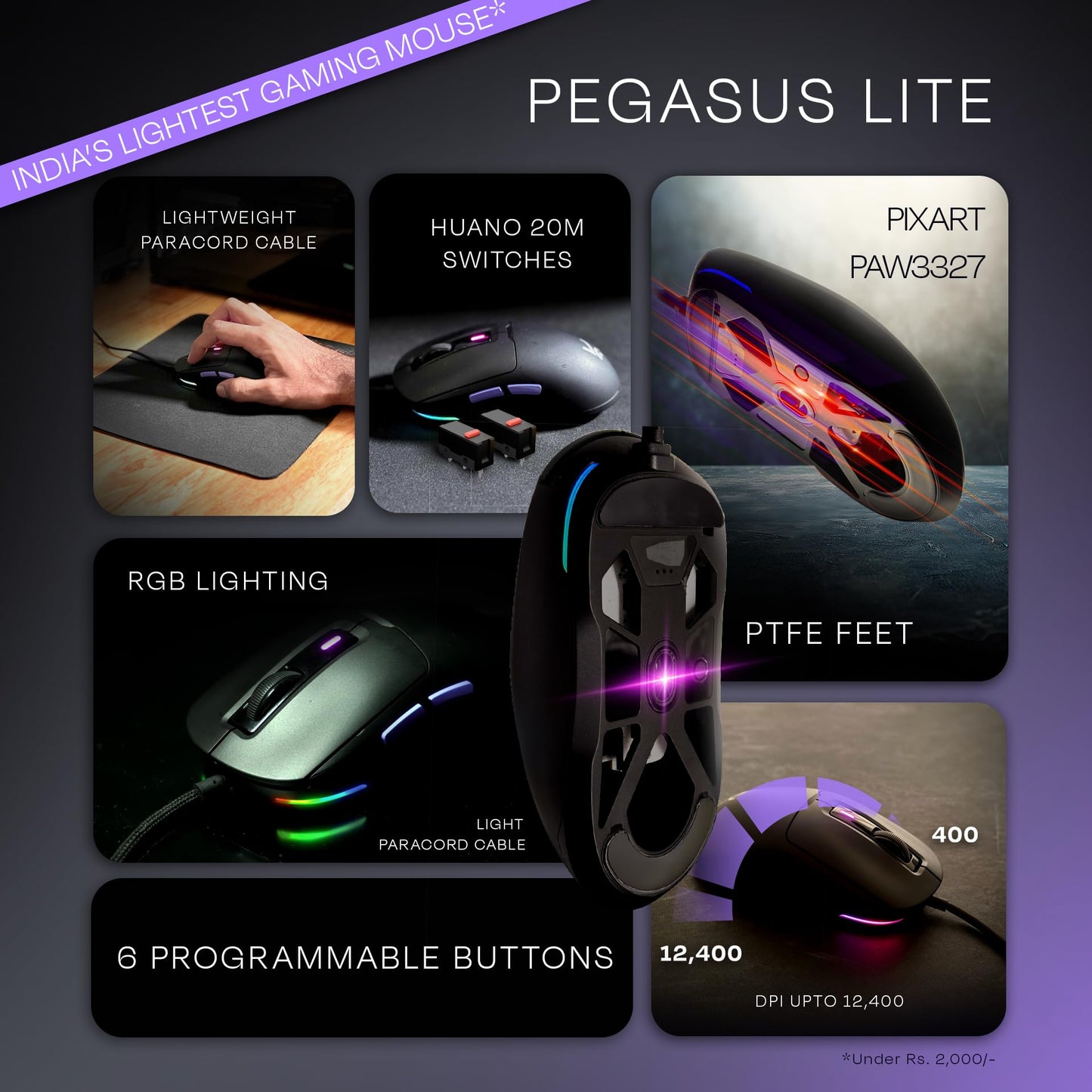 Kreo Pegasus 49 GMS Ultra Lightweight Wired Gaming Mouse, Weighing Just 49g, with Huano Switches, 12400 DPI, Customizable RGB, UV Coated Surface, Paracord Cable, Ultimate Gaming Performance