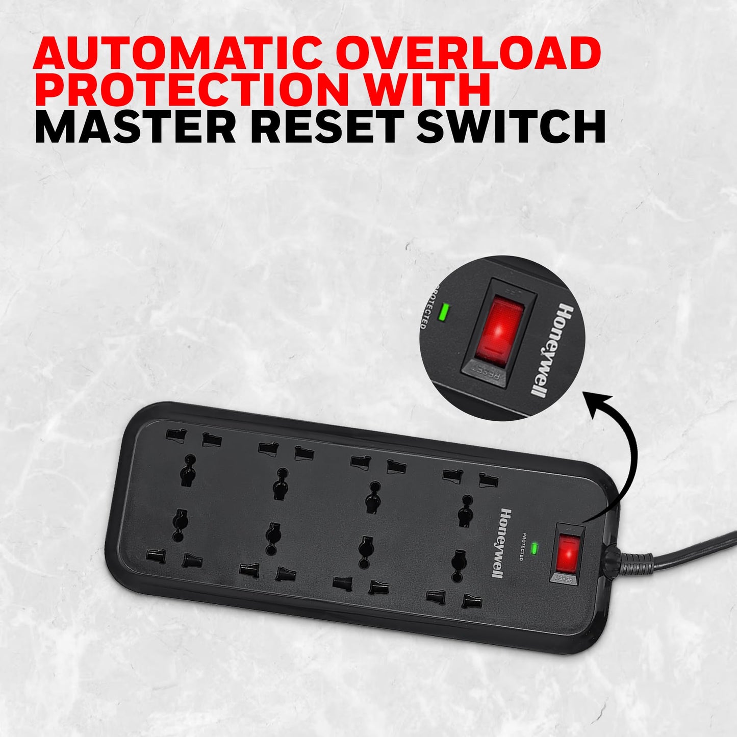 Honeywell Surge Protector, 8 Universal Sockets,20000Amp, 2 Meter Cord, Device Secure Warranty,Automatic Overload Protection,Spike Guard/Extension Board,Master Switch,3Year Manufacturer Warranty