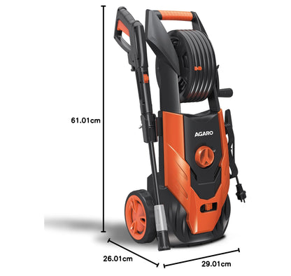 AGARO Royal High Pressure washer, 1800 Watts Motor, 140 Bars, 7L/Min Flow Rate, 5 Meters Outlet Hose, Upright Design With Wheel, For Car, Bike and Home Cleaning Purpose, Turbo Nozzle, Black and Orange