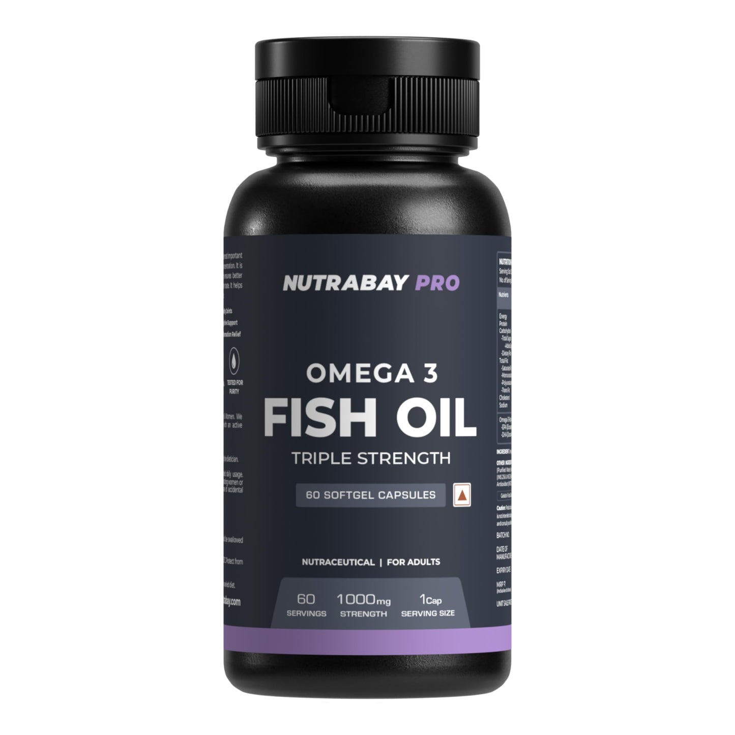 Nutrabay Pro Omega 3 Fish Oil (Triple Strength) - 460 mg EPA & 380 mg DHA for Healthy Brain, Heart, Eyes & Joints - 1000mg, 60 Capsules