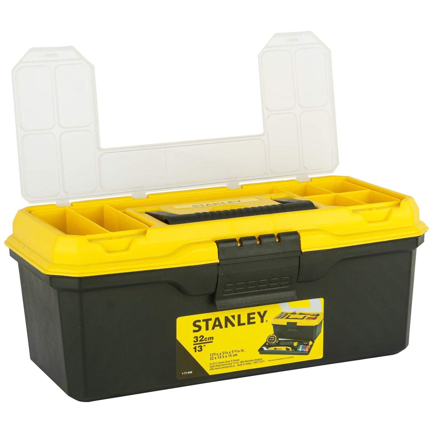 STANLEY 1-71-948 13'' Organised Maestro Heavy-Duty Portable Plastic Essential Toolbox with Clear Top Lid and Removable Tray Compartment for Easy & Convenient Storage, 1 Year Warranty, YELLOW & BLACK