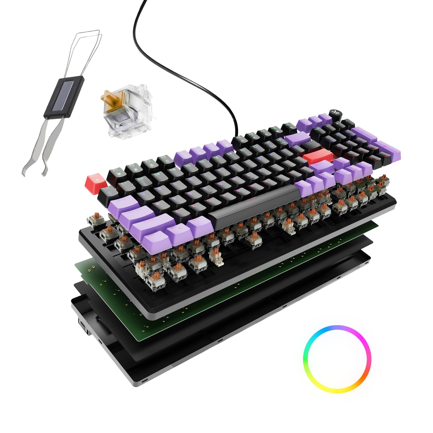 Kreo Hive Wired Full Size RGB Backlight Gaming Mechanical Keyboard, Customizable RGB, Mechanical Switches, NKRO, Metal Volume Knob, 3 Color Keycaps (Black-Purple, Brown Switch)