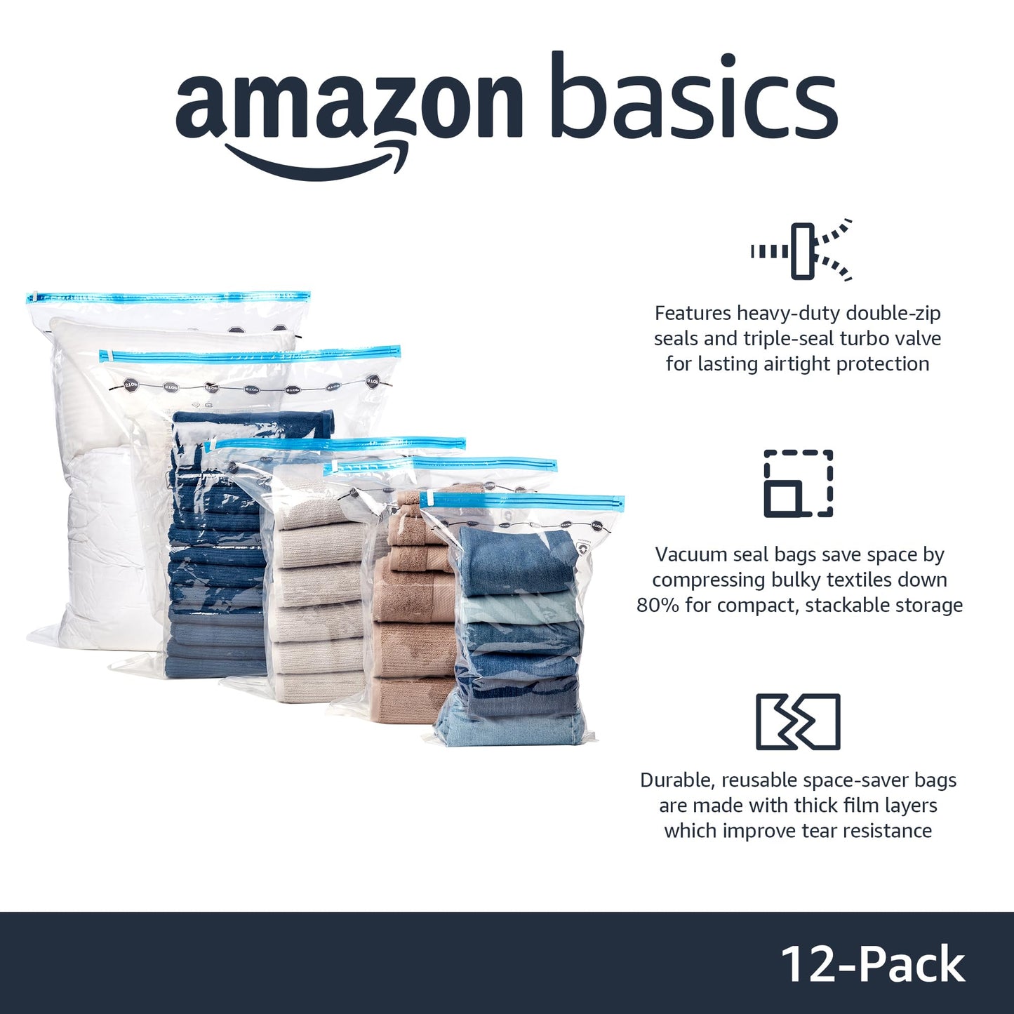 amazon basics Vacuum Compression Storage Bags With Hand Pump-12-Pack(3 Jumbo,3 Large,3 Medium,3 Small),Plastic,White