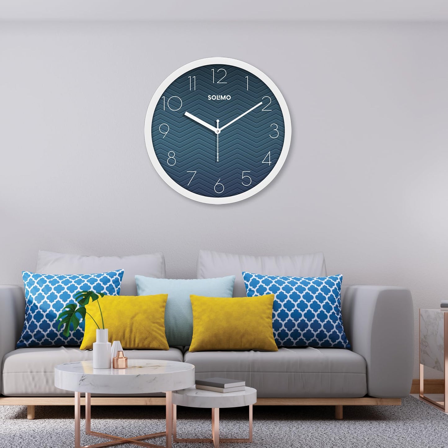 Amazon Brand - Solimo 11-Inch Classic & Modern and Stylish Silent Movement Wall Clock - White & Blue - Analog, Plastic