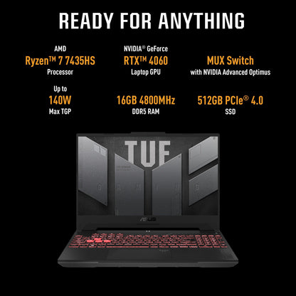 ASUS TUF Gaming A15, 15.6" FHD 16:9, 144Hz 250nits, AMD Ryzen 7 7435HS Processor, Gaming Laptop (16GB RAM/512GB SSD/RTX 4060/Win 11/Office Home/90WHr Battery/Mecha Gray/2.2 Kg),FA507NVR-LP104WS