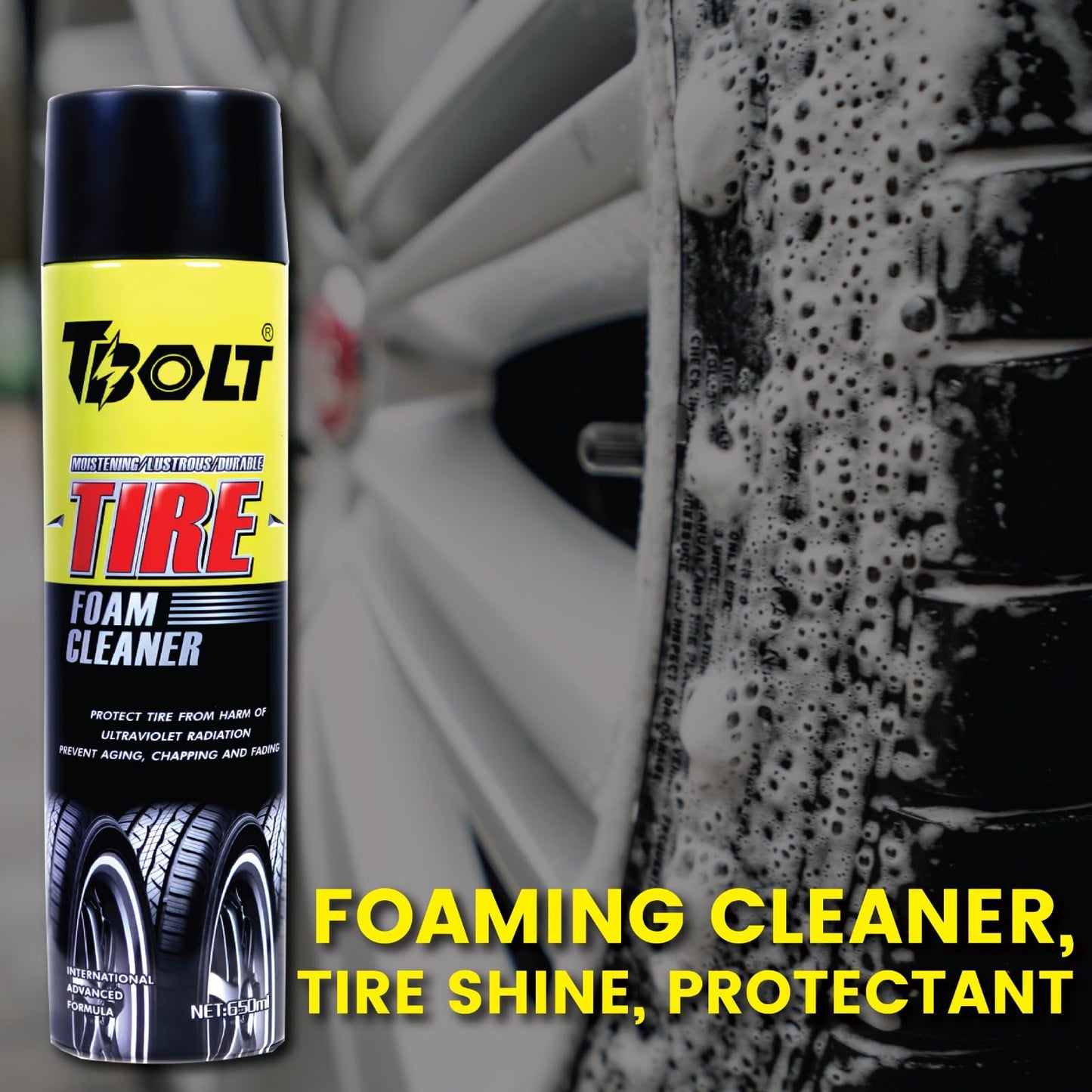 Q4 EVER Tbolt Tire Foam Cleaner | All-in-One Tire & Wheel Cleaning Solution | Quick & Easy Foam Spray for Long-lasting Tire Shine | 650 ml, Pack of 1