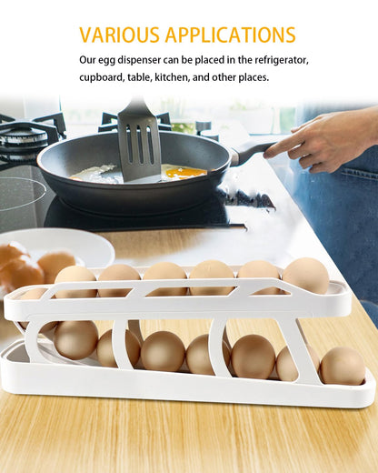 HAHOME Egg Holder for Fridge, Egg Dispenser Auto Rolling Egg Tray Storage and Organizer, Space-Saving Egg Roller for Refrigerator, White 2PCS