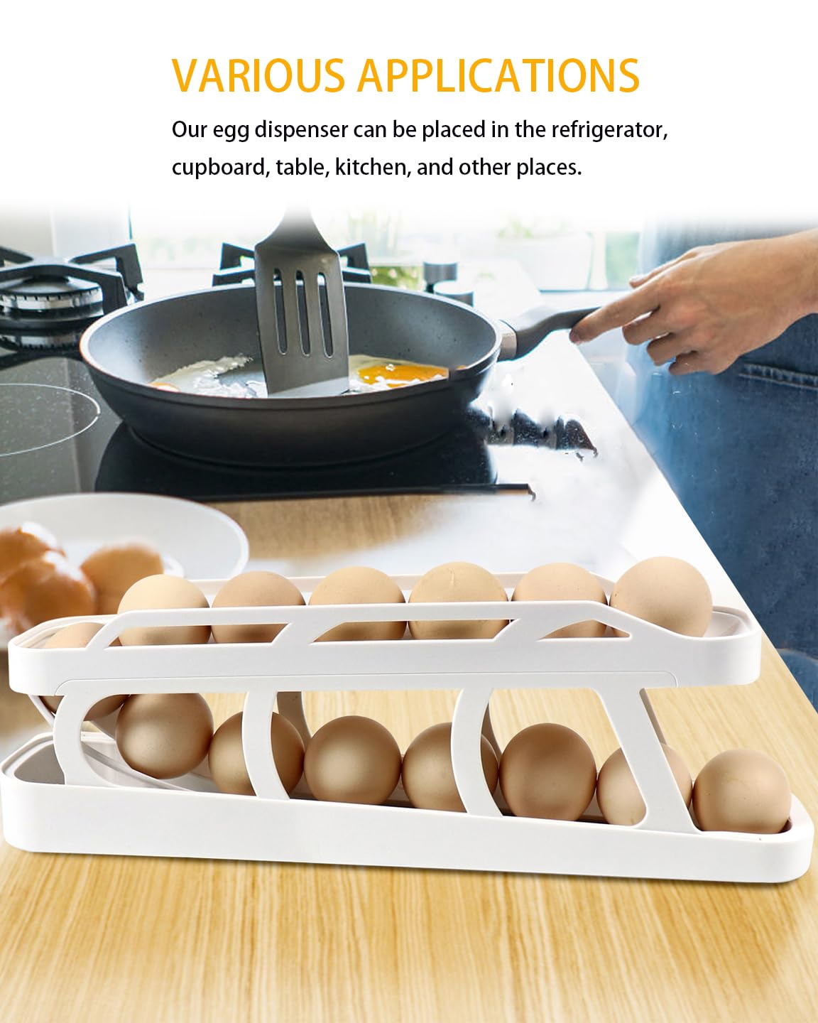 HAHOME Egg Holder for Fridge, Egg Dispenser Auto Rolling Egg Tray Storage and Organizer, Space-Saving Egg Roller for Refrigerator, White 2PCS