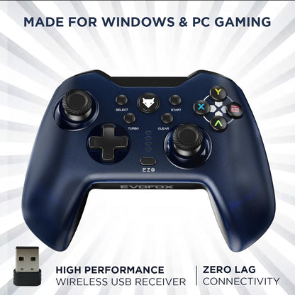 EvoFox Elite X Wireless Gamepad for PC with 2 Programmable Macro Back Buttons, Adjustable Dual Vibration Motors,Turbo Mode,Analog Triggers, High Precision joysticks,Low Latency Plug and Play,Free USB Extender,Translucent Shell Controller for pc (Blue)