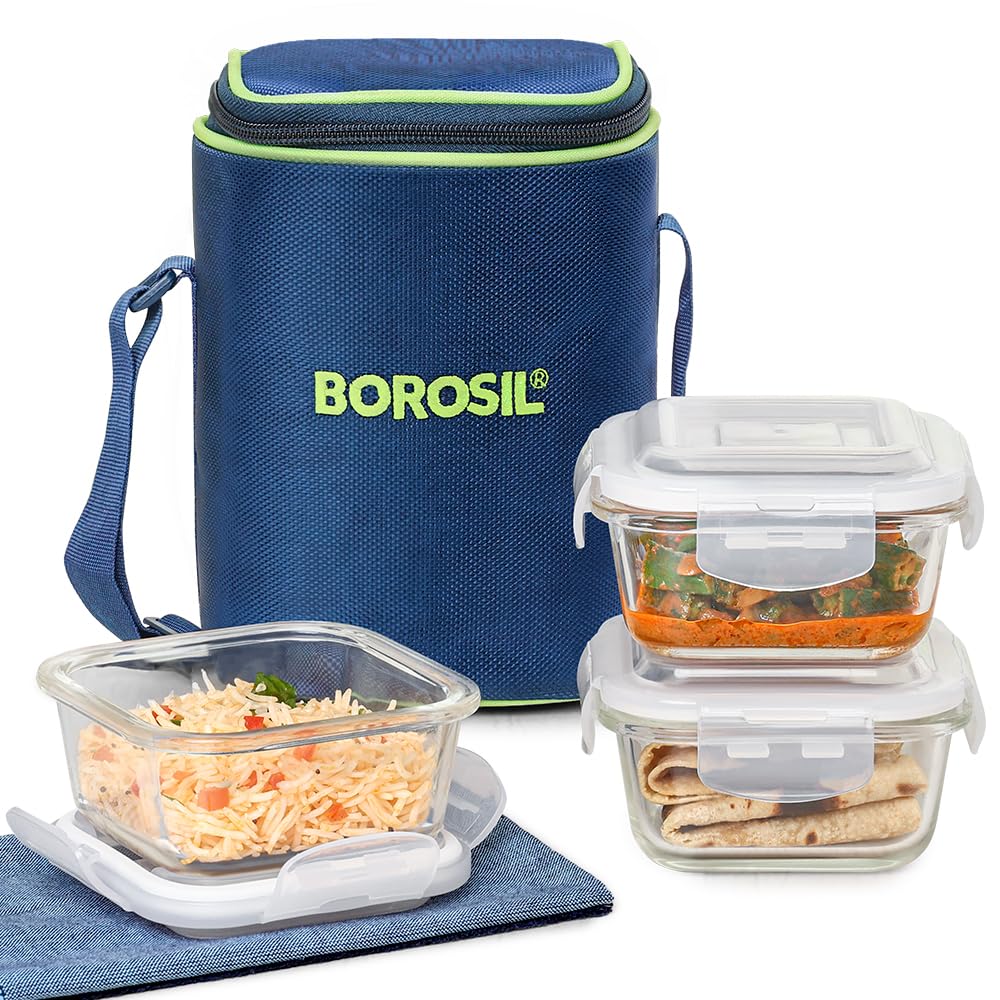 Borosil - Glass Lunch Box Set Of 3, Clear, 320 Ml, Microwave Safe Office Tiffin (12 X 12 X 6.5 Cm)