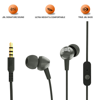 JBL C200SI, Premium in Ear Wired Earphones with Mic, Signature Sound, One Button Multi-Function Remote, Premium Metallic Finish, Angled Earbuds for Comfort fit (Gun Metal)