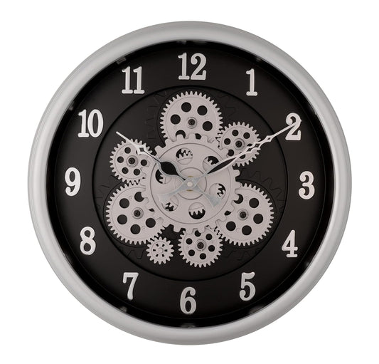 Amazon Brand - Umi Moving Gear Wall Clock for Living Room Modern Plastic Wall Clocks Industrial Steampunk Moving Gear Analog Wall Clock for Home Decor Office (32.5cm Diameter Clock) (Silver Black)