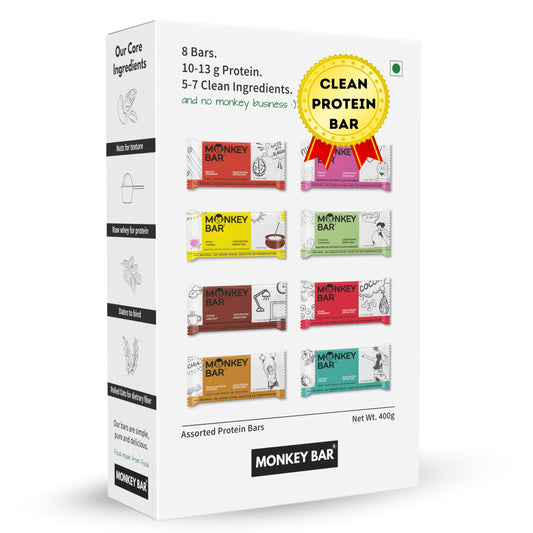 MONKEY BAR - Assorted Protein Bars - 8 Pack, 50grams each, 10-13g Protein, Healthy & High Protein Snack Bar, No Added Sugar, 5-7 All Natural Ingredients, 8 Delicious Flavours, Clean Energy