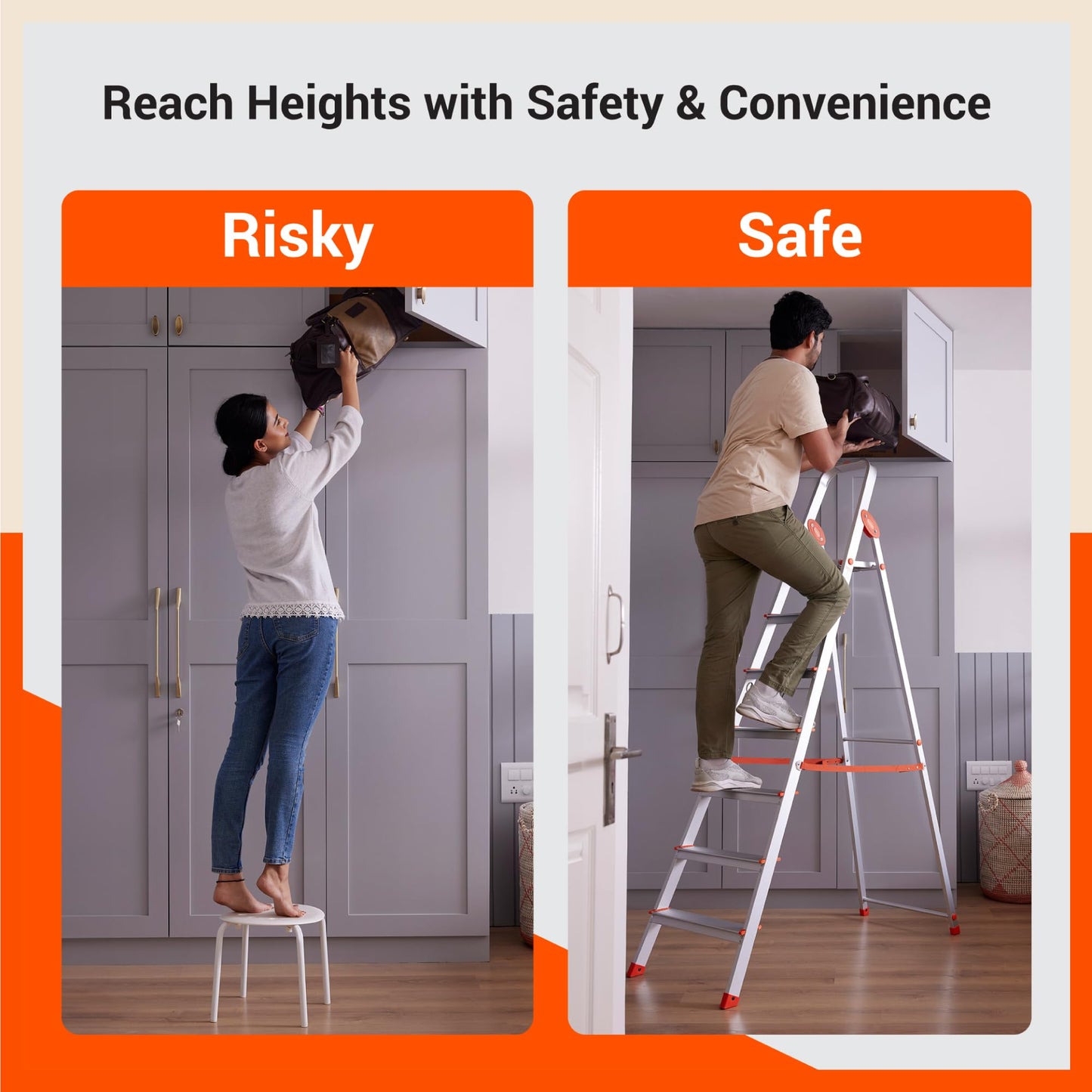 Bathla Advance 5-Step Foldable Aluminium Ladder for Home | Heavy Duty & Anti-Slip Steps | 5 Year Manufacturer Warranty | with Sure-Hinge Technology (Orange)