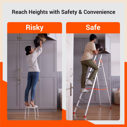 Bathla Advance 5-Step Foldable Aluminium Ladder for Home | Heavy Duty & Anti-Slip Steps | 5 Year Manufacturer Warranty | with Sure-Hinge Technology (Orange)