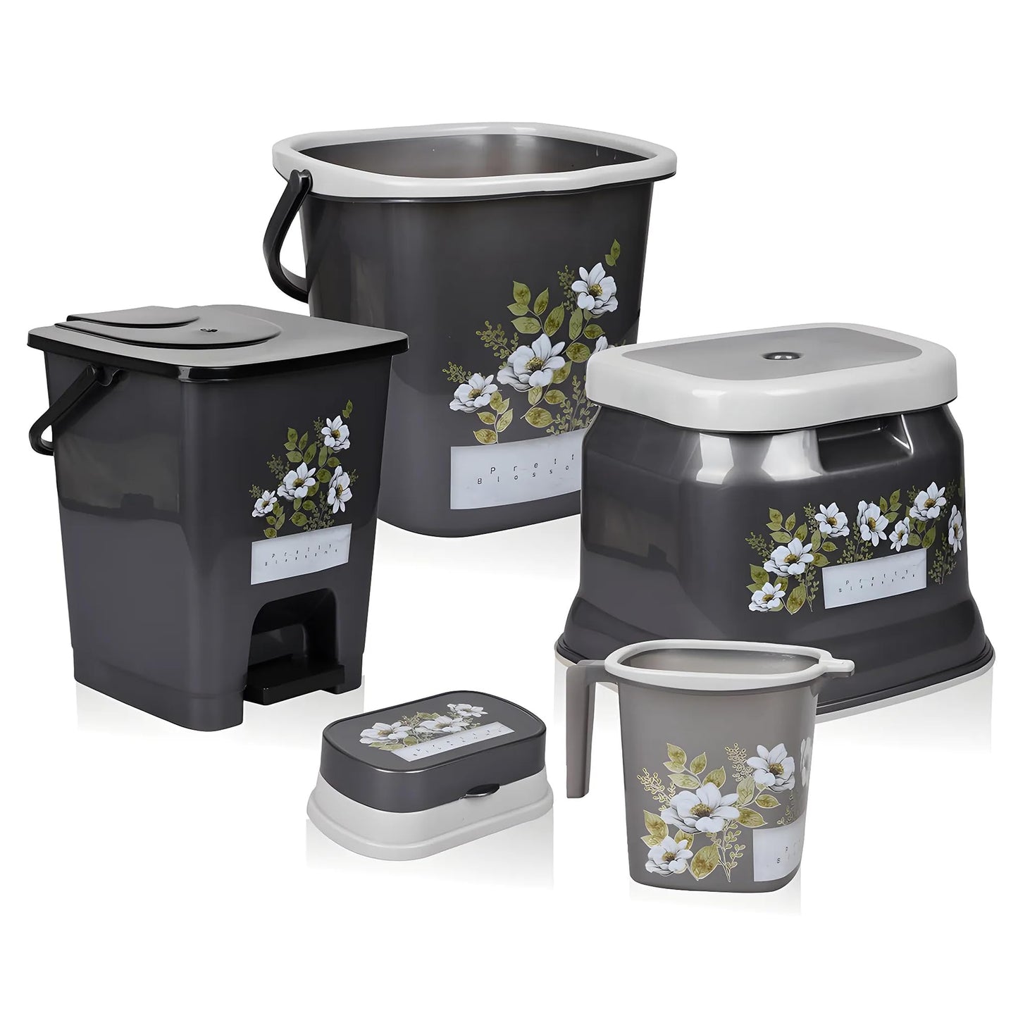 Kuber Industries Bathroom Set | Plastic Bathroom Combo Set | Bucket-Stool-Mug-Dustbin-Soap Holder Set for Bathroom | Modern Bath Set | Printed Bathroom Set | Set of 5 | Gray