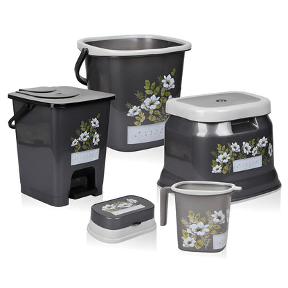 Kuber Industries Bathroom Set | Plastic Bathroom Combo Set | Bucket-Stool-Mug-Dustbin-Soap Holder Set for Bathroom | Modern Bath Set | Printed Bathroom Set | Set of 5 | Gray