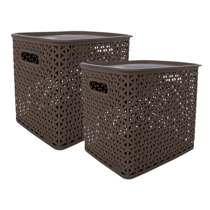 Bel Casa Royal Basket Large Pack Of 2 With 2 Lids Multipurpose Plastic Storage Baskets, Rectangular - Dark Brown