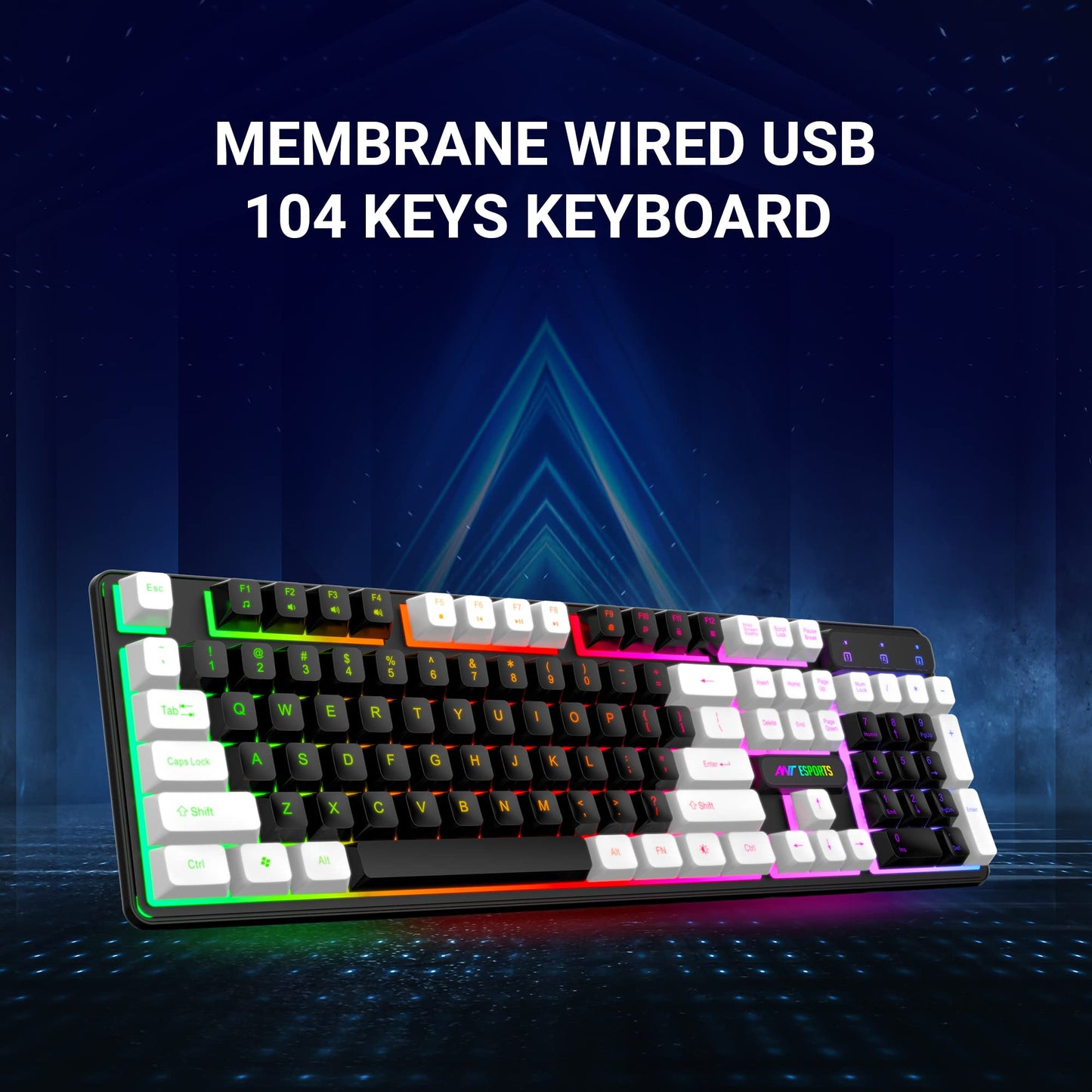 Ant Esports MK1400 Pro Backlit Membrane Wired Gaming Keyboard with Mixed Colour Lighting, White & Black Keycaps, Double Injection Key Caps - Black