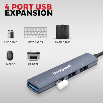 Honeywell Newly Launched 4-in-1 Ultra Slim USB Hub 1xUSB 3.0 & 3 x USB 2.0 Ports, 30cms Cable, DataTransfer Speed Upto 5GBPS,Universally Compatible with All USB,PC,Speaker,Laptop,Hard Drive etc.