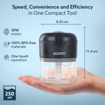 AGARO Elite Rechargeable Mini Electric Chopper, Food Grade Bowl, Stainless Steel Blades, One Touch Operation, for Mincing Garlic, Ginger, Onion, Vegetable, Meat, Nuts, 250 Ml, Black.