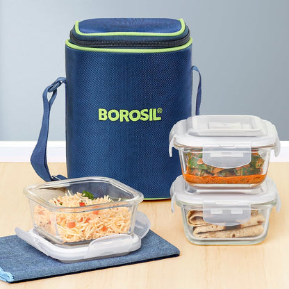 Borosil - Glass Lunch Box Set Of 3, Clear, 320 Ml, Microwave Safe Office Tiffin (12 X 12 X 6.5 Cm)