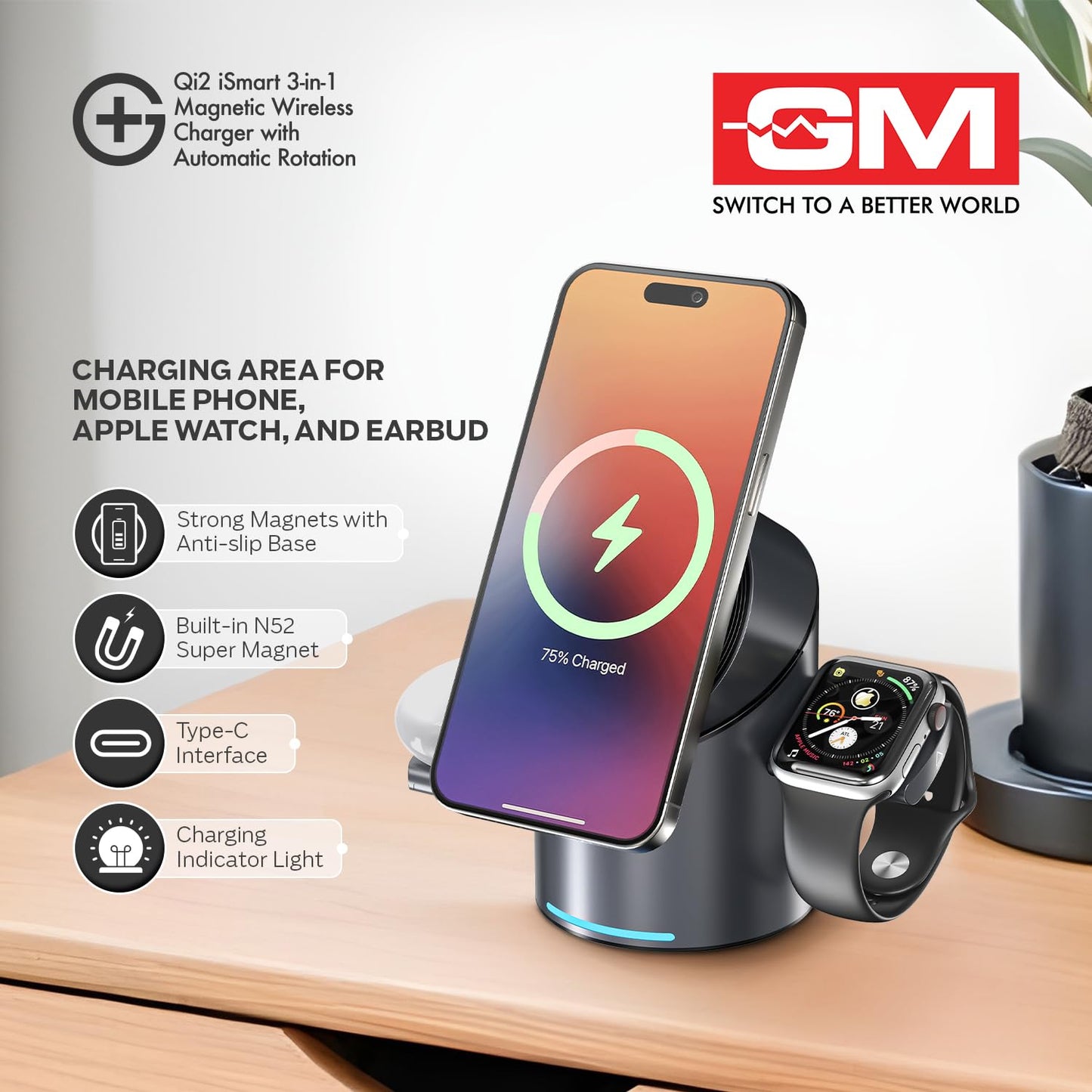 GM G+ iSmart Qi2 3-in-1 Magnetic Wireless Charger with Automatic Rotation|15W Fast Charging with Super Magnet|Pop-up Design|180° Touch Rotation|for iPhone Apple Watch Earbuds Qi2 Compatible Devices