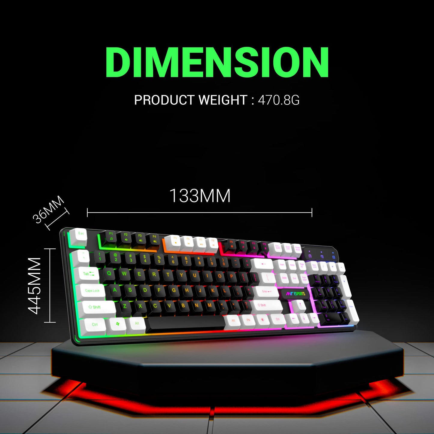 Ant Esports MK1400 Pro Backlit Membrane Wired Gaming Keyboard with Mixed Colour Lighting, White & Black Keycaps, Double Injection Key Caps - Black