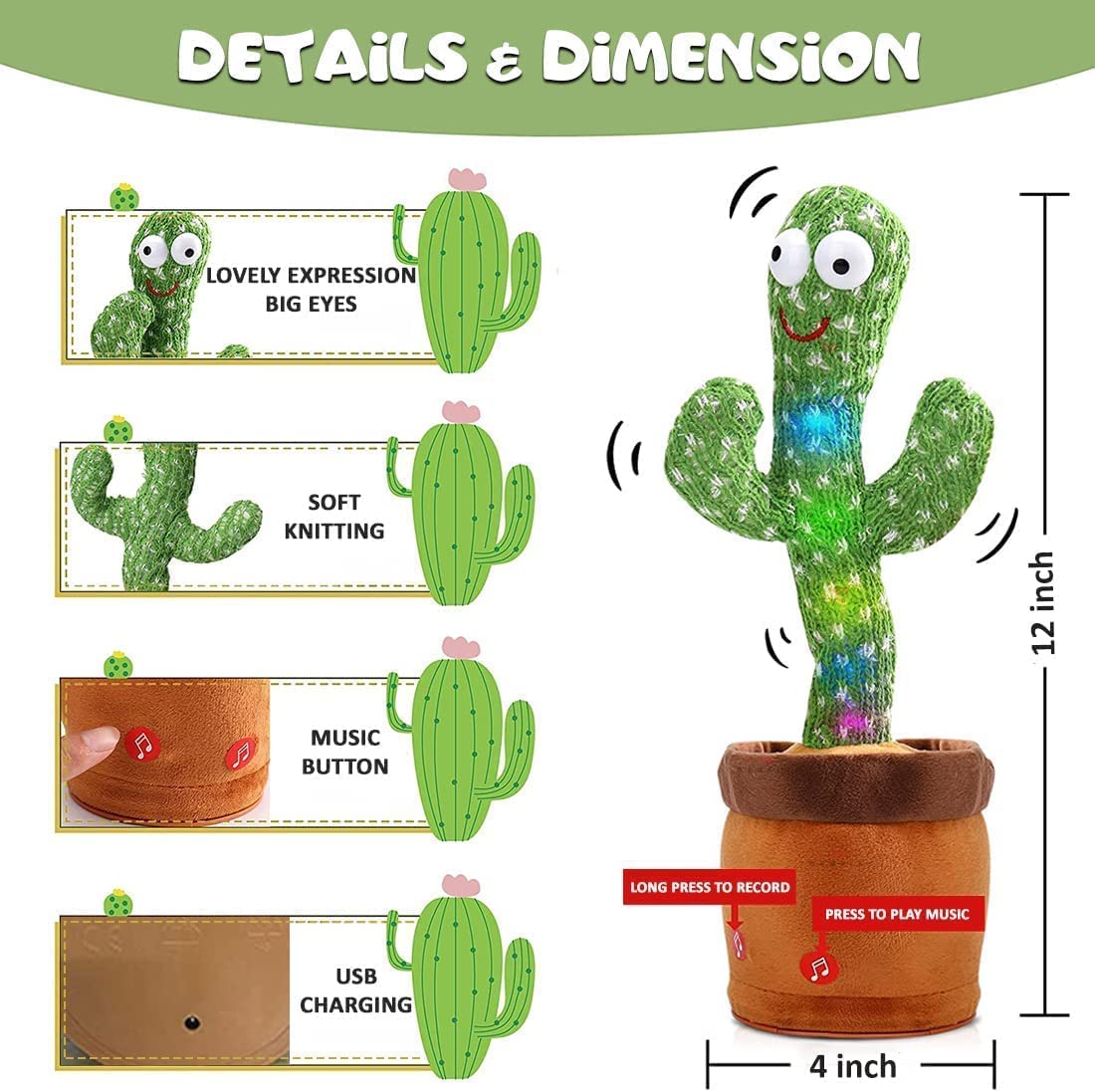 VEBETO Dancing Cactus Toy for Kids (1 Year Warranty) Talking Singing Children Baby Plush Electronic Toys Voice Recording Repeats What You Say LED Lights