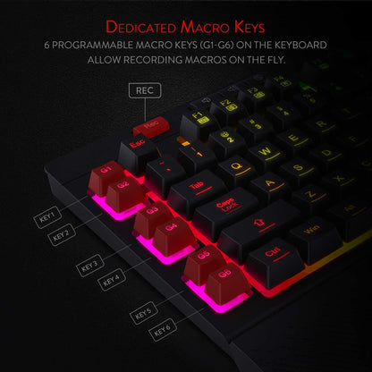 Redragon Shiva K512 RGB Backlit Membrane Wired Gaming Keyboard with Multimedia Keys, 6 Extra On-Board Macro Keys, Dedicated Media Control, Detachable Wrist Rest- Black