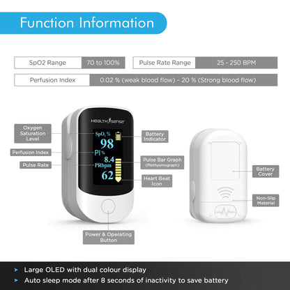 HealthSense Pulse Oximeter, SpO2 Fingertip Monitor with OLED Display, Audio Visual Alarm, Plethysmograph, Four Directional Display, 1 Year Warranty & Batteries Included - Accu-Beat FP 910