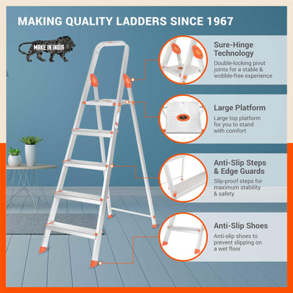 Bathla Advance 5-Step Foldable Aluminium Ladder for Home | Heavy Duty & Anti-Slip Steps | 5 Year Manufacturer Warranty | with Sure-Hinge Technology (Orange)