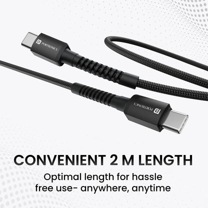 Portronics Konnect X 60W Type C to Type C Unbreakable Nylon Braided Cable, 2M Fast Charging Cable for iPhone 15 series, iPad, Samsung Galaxy & other Type C Devices(Black)