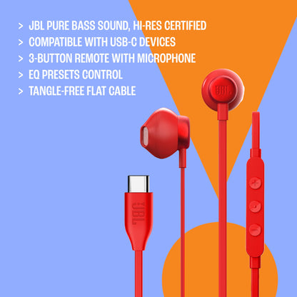 JBL Tune 305 Wired in-Ear Type C Headphones, Hi-Res Audio with Digital-to-Analog Converter, 3-Button EQ Preset Remote with Microphone, Tangle-Free Flat Cable, Compatible with USB-C Devices (Blue)