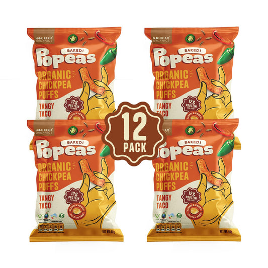 Nourish Organics Chickpea Baked Popeas Protein Puffs Gluten Free | Pack x12 (TANGY TACO)