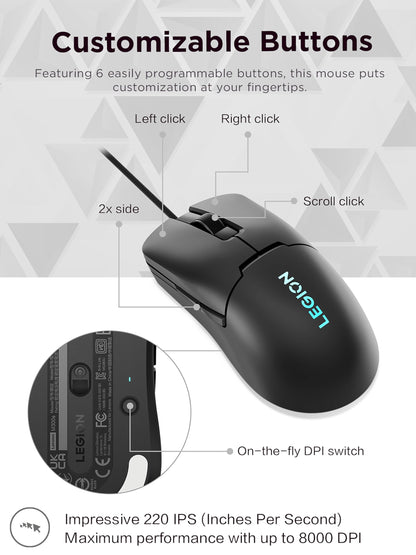 Lenovo Legion M300s RGB Wired Gaming Mouse - 8,000 DPI Adjustable Sensor, 6 Programmable Buttons & 20-Million Clicks Durability with Optimized Comfort (Black), GY51H47350