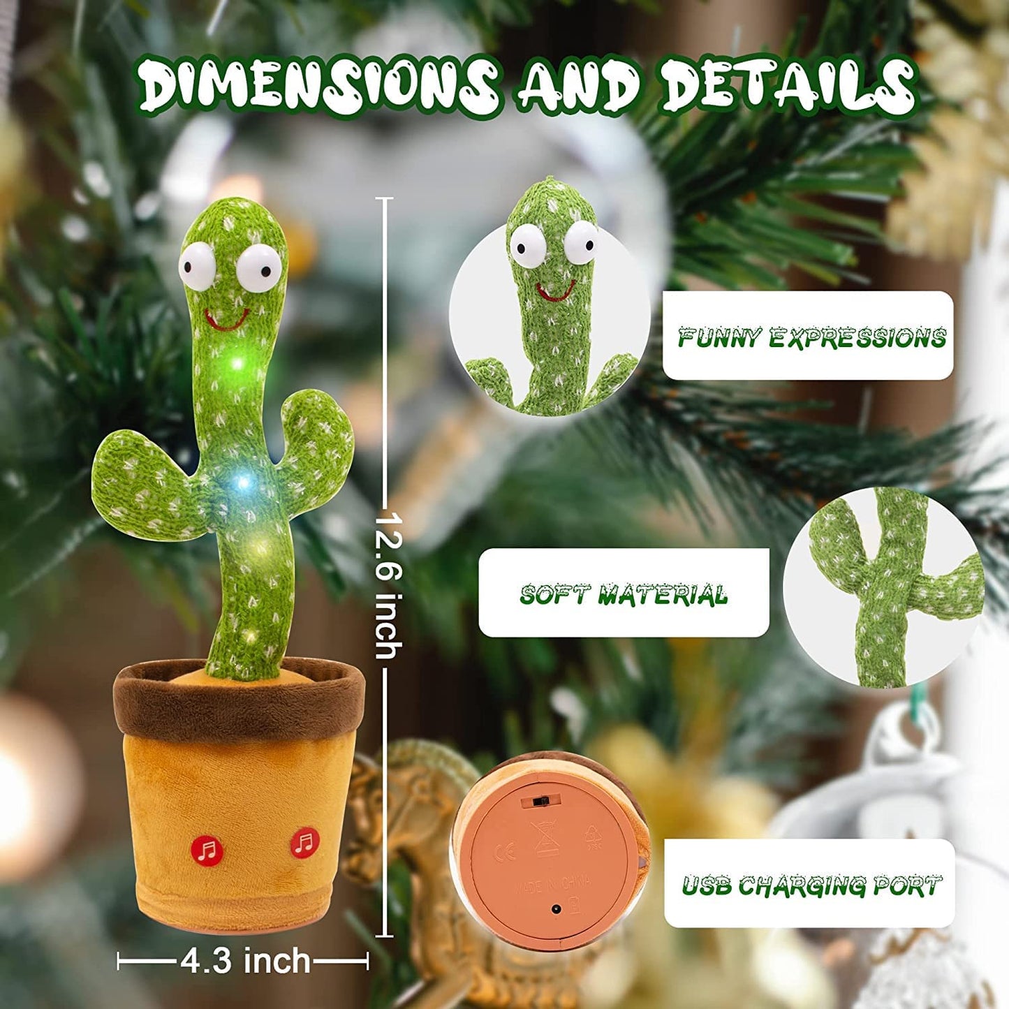 VEBETO Dancing Cactus Toy for Kids (1 Year Warranty) Talking Singing Children Baby Plush Electronic Toys Voice Recording Repeats What You Say LED Lights