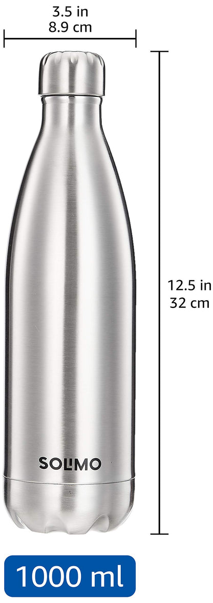 Amazon Brand - Solimo 1000ml Stainless Steel Insulated (Thermosteel) Water Bottle | 24 Hours Hot and Cold | Leakproof, Rust and Corrosion Resistant| For Travel, Office, Trekking, Home (Silver)